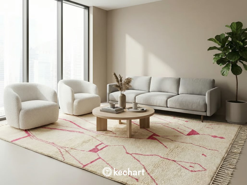 Chic minimalist bedroom featuring a made-to-order shaggy Moroccan wool rug with pink geometric lines placed at the foot of the bed