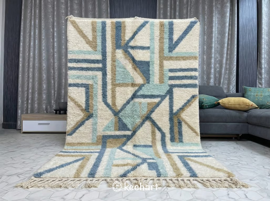 Custom Beni Ourain Moroccan Rug in Dusty Blue & Cream Wool - All Sizes Available