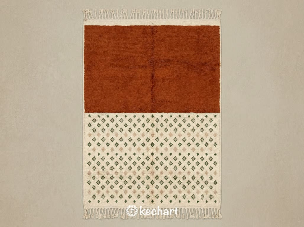 Custom Made to Order Beni Ourain Moroccan Wool Rug featuring plush texture and medium density geometric diamond patterns in rust, dust storm, pesto green, and classic beige earth tones with traditional fringe.