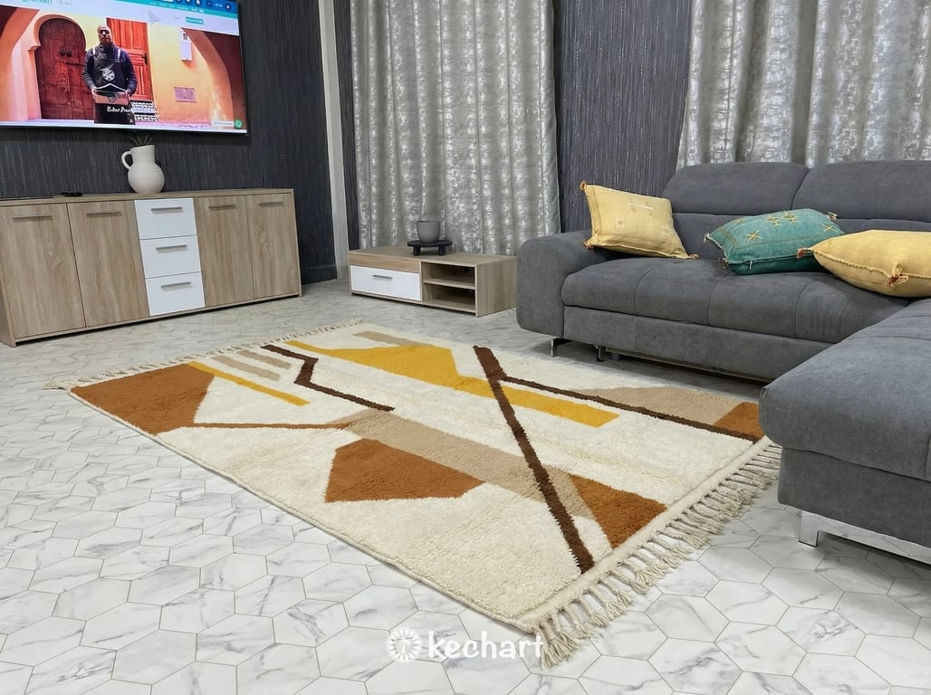 Detail shot focusing on the deep wool pile and traditional hand-knotted fringe of a made-to-order Beni Ourain rug in warm sierra and sandy beige hues.