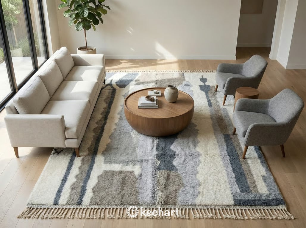 Soft handmade Moroccan wool rug in grey geometric pattern adding texture to a modern bohemian nursery setting.