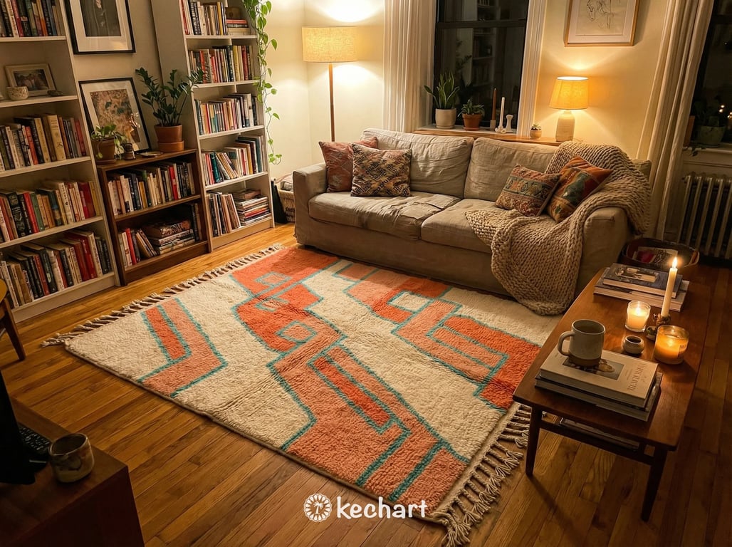 Custom Beni Ourain Moroccan Rug - Made to Order Wool Rug, Coral & Turquoise Diamond