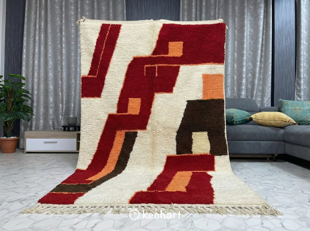 Close-up detail of the thick, handwoven wool pile and traditional fringe of a custom Beni Ourain rug, highlighting the natural texture and colorful dyes.