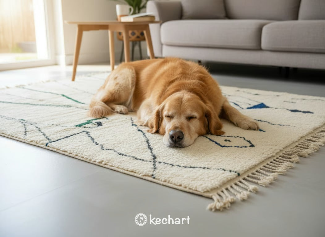 Custom Beni Ourain Rug - Handwoven Moroccan Wool, Cream & Sapphire Blue