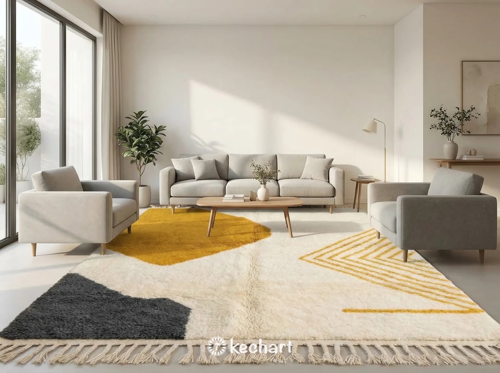 Plush made-to-order Beni Ourain area rug placed under a king-size bed in a minimalist bedroom, adding warmth and texture to a Scandi-style space.