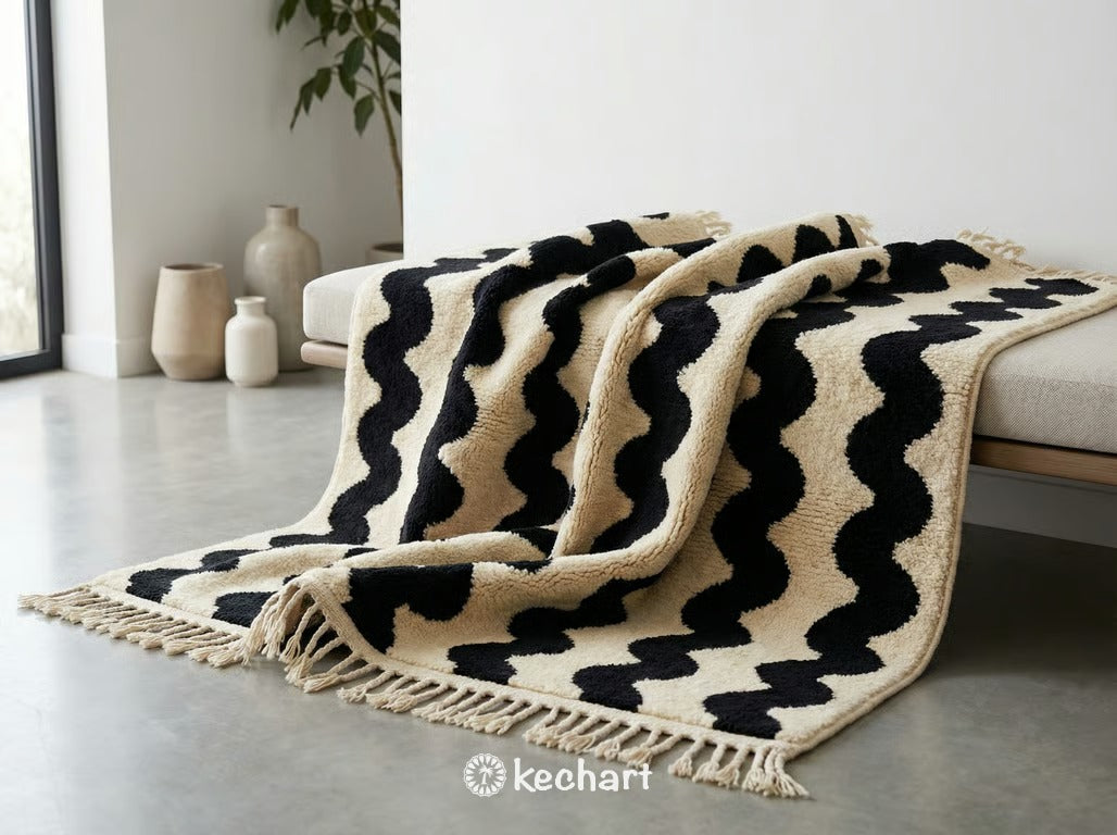 Custom Beni Ourain Rug - Handwoven Moroccan Wool in Cream & Black Diamond