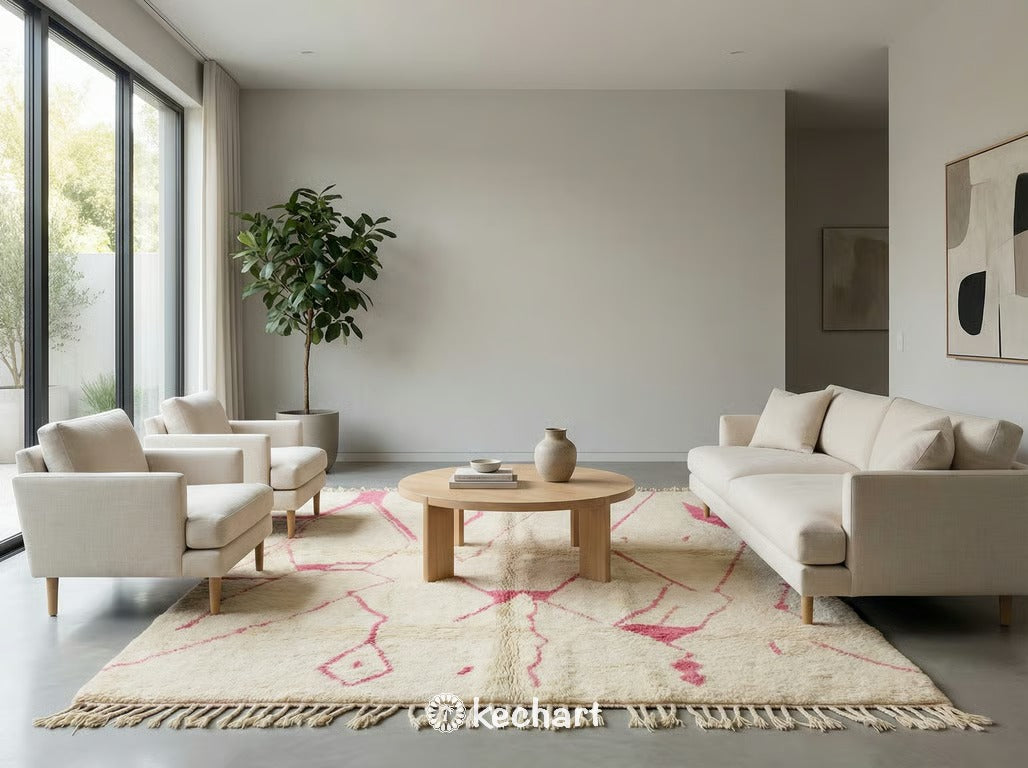 Modern bohemian living room featuring a large custom plush cream and pink Moroccan Beni Ourain area rug anchored under a light colored sofa