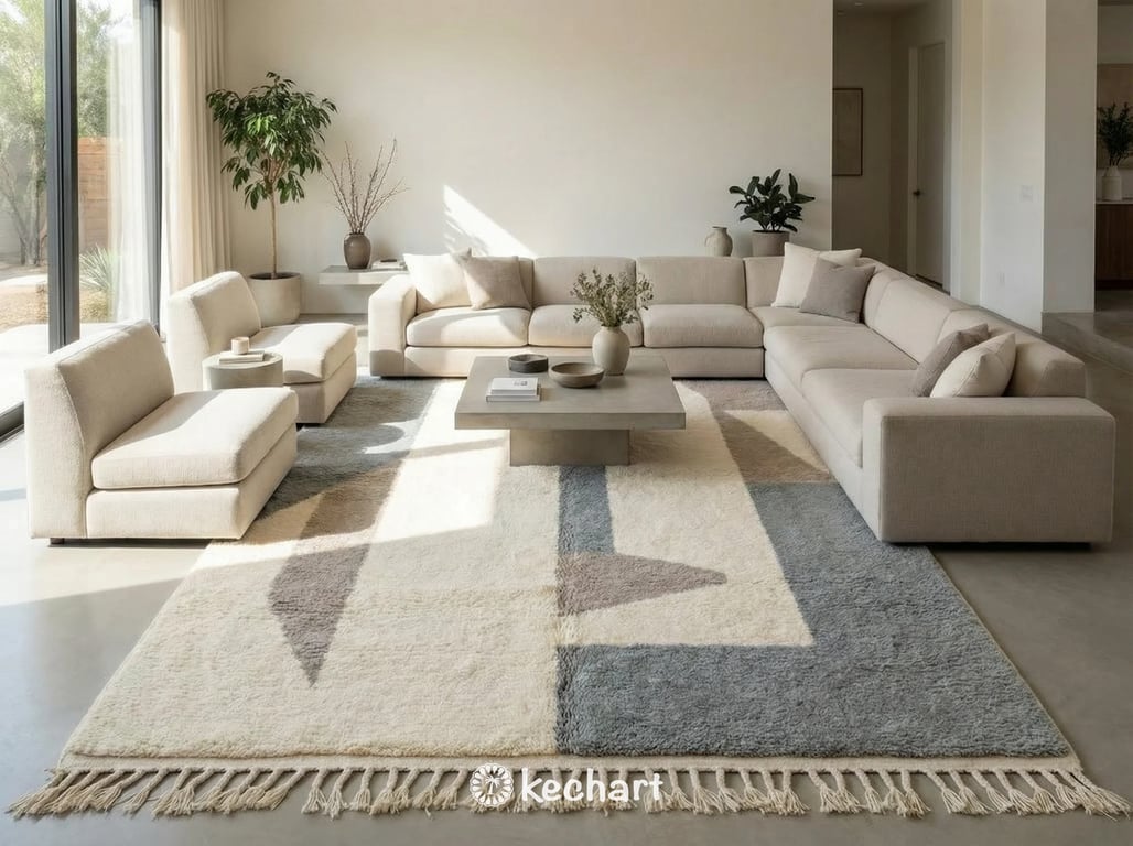 Close-up detail shot of a custom Beni Ourain rug highlighting the thick hand-knotted wool pile, the variation in the grey and taupe yarns, and the artisan craftsmanship.