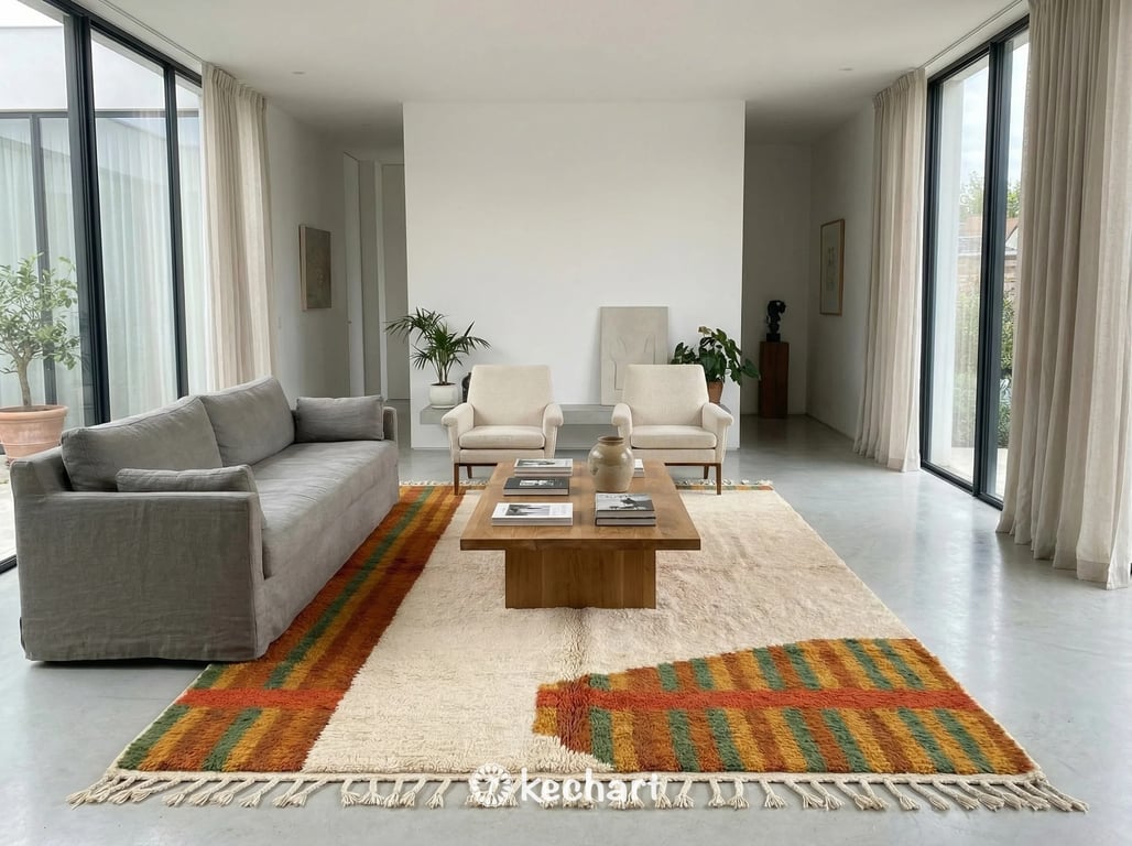 Handmade Beni Ourain wool rug with warm rust and green geometric design situated under a large bed in a cozy, textured master bedroom.