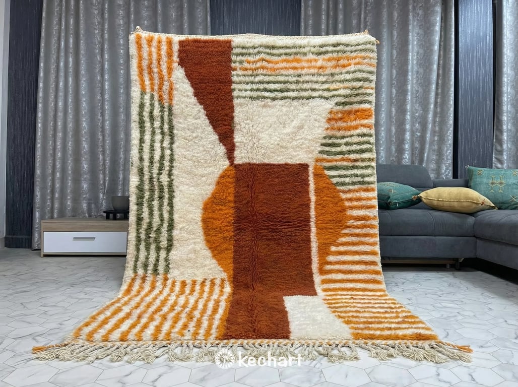 Modern farmhouse dining room featuring a bespoke geometric Moroccan wool rug in pesto, rust, and dust storm colors situated under a large wooden dining table.