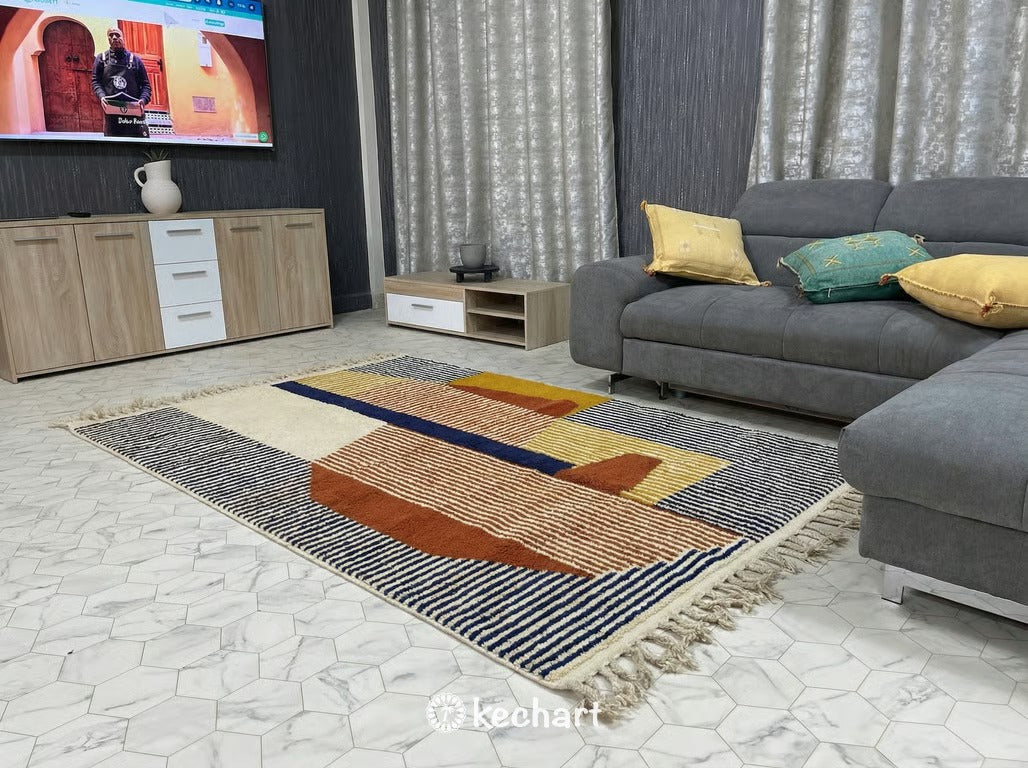 Custom Beni Ourain Rug - Made to Order Moroccan Wool Rust & Navy Diamonds