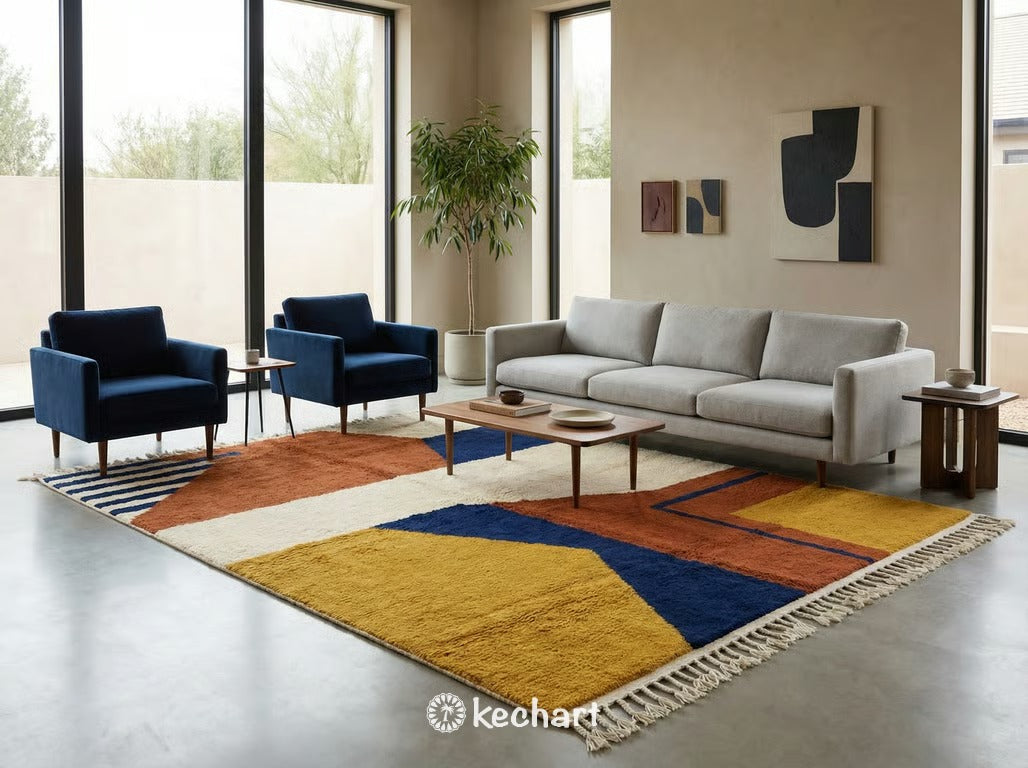 Hand-knotted custom size Moroccan wool rug in a sophisticated home office setting, contrasting nicely with mid-century modern furniture and dark flooring.