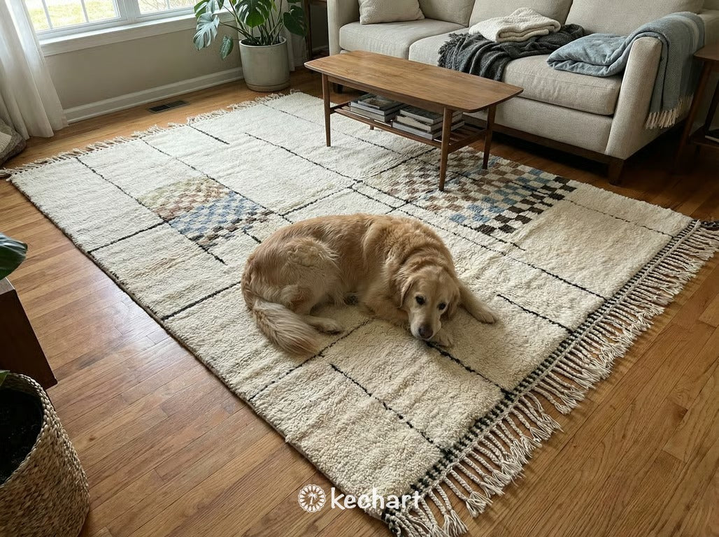 Custom Beni Ourain Wool Rug - Handwoven Geometric Design in Sand & Blue Tones