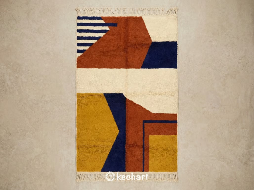 Custom Beni Ourain Moroccan rug flat lay showing plush wool texture and geometric diamond pattern in rust, warm cream, midnight navy, and curry yellow colors with traditional fringe.
