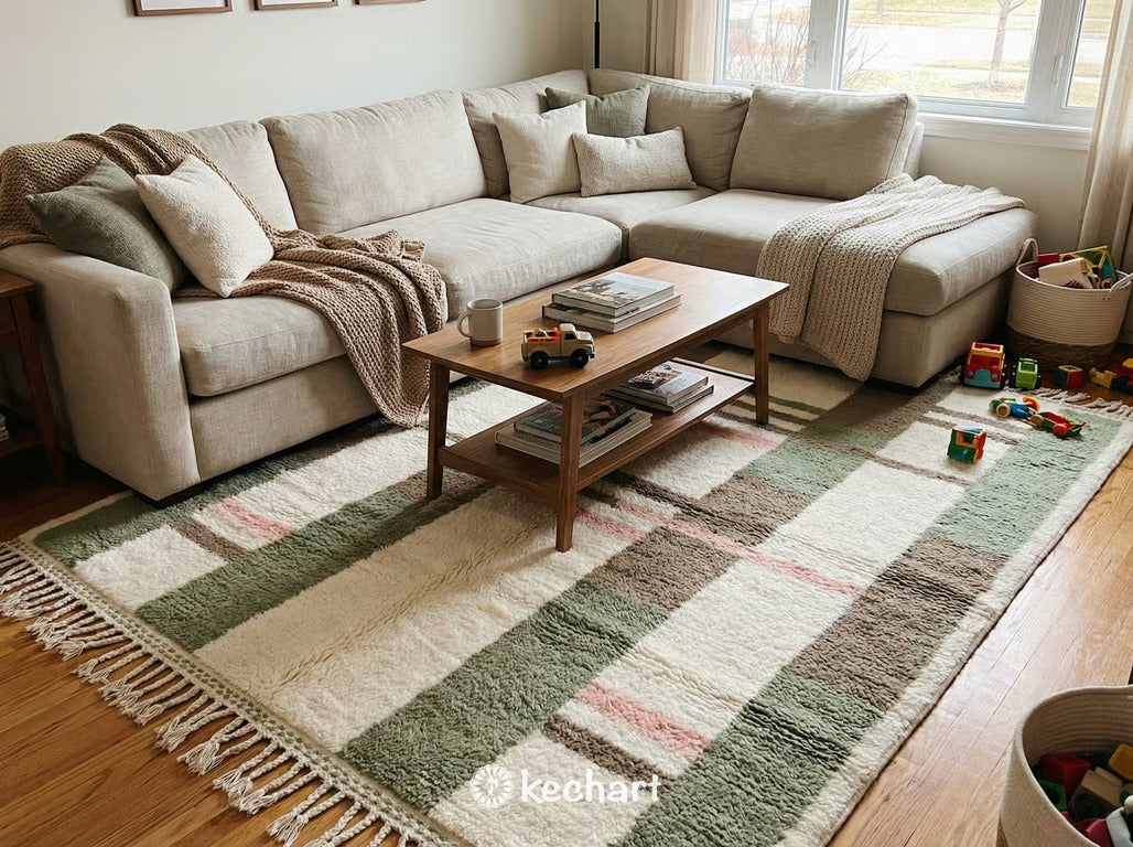 Custom Beni Ourain Rug - Handmade Moroccan Wool in Sage Green, Pink & White