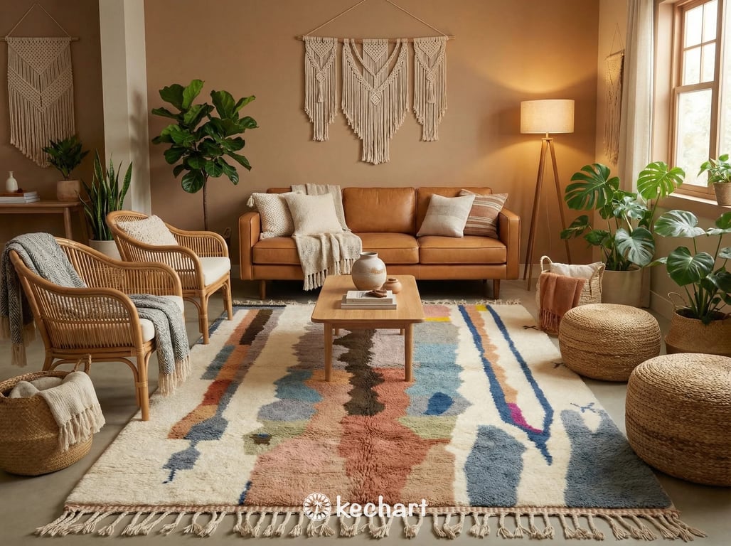Plush cream Moroccan shag rug shown in a bohemian bedroom setting under a queen-size bed, adding texture and warmth.