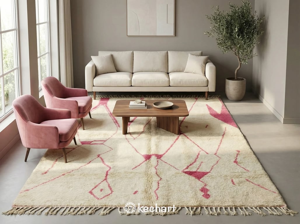 Close up detail shot showing the plush wool pile and hand-knotted pink diamond motifs on a creamy white Beni Ourain custom rug