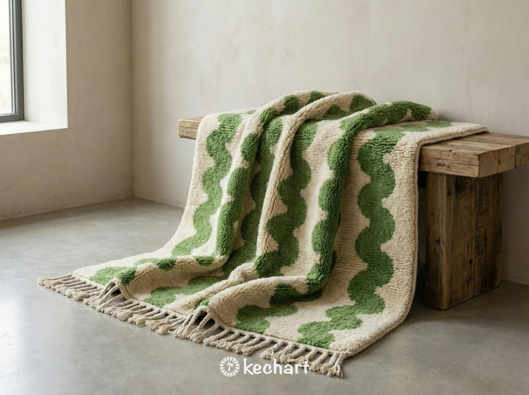 Custom Beni Ourain Rug - Handwoven Moroccan Wool in Cream & Leaf Green