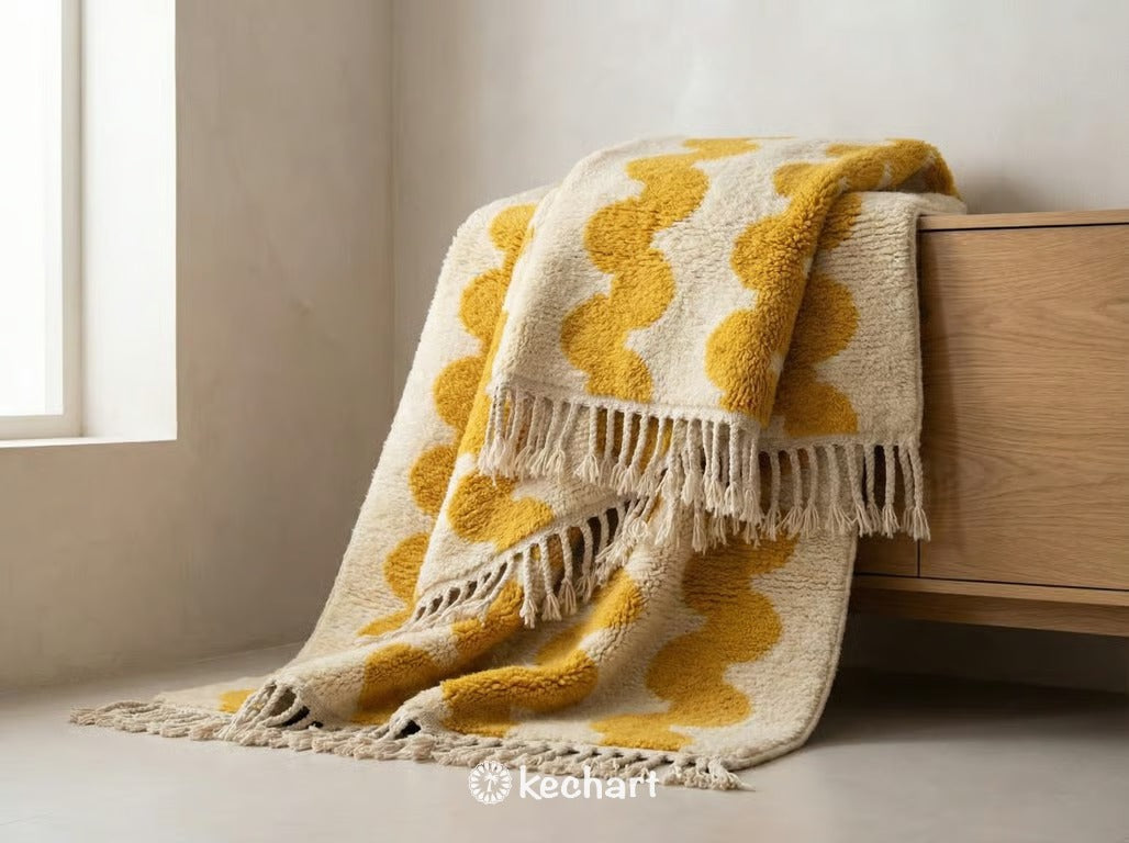 Custom Beni Ourain Rug - Handwoven Moroccan Wool, Cream & Saffron Diamond Pattern