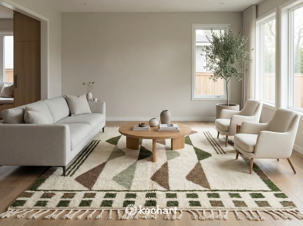 Sunlit minimalist space showcasing the unique sage green and raw umber diamond pattern of a handmade Beni Ourain rug.