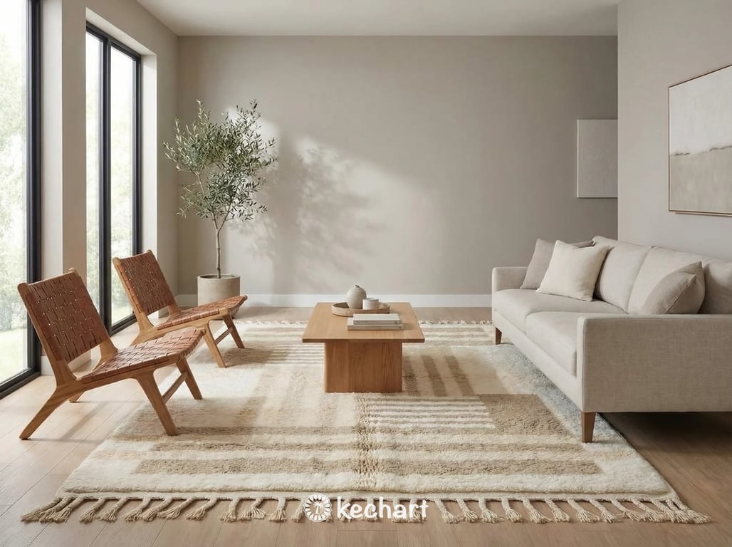 Wide angle view of a custom made-to-order Moroccan wool rug defining an open-plan living space with bohemian modern furniture.