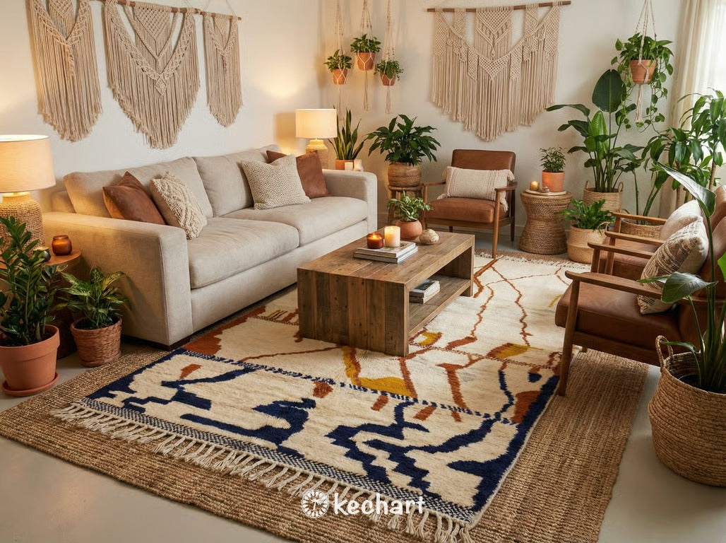 Large custom size Moroccan Beni Ourain rug anchoring a modern living room. Plush wool texture in cream with rust and navy geometric design under a contemporary sofa and coffee table.