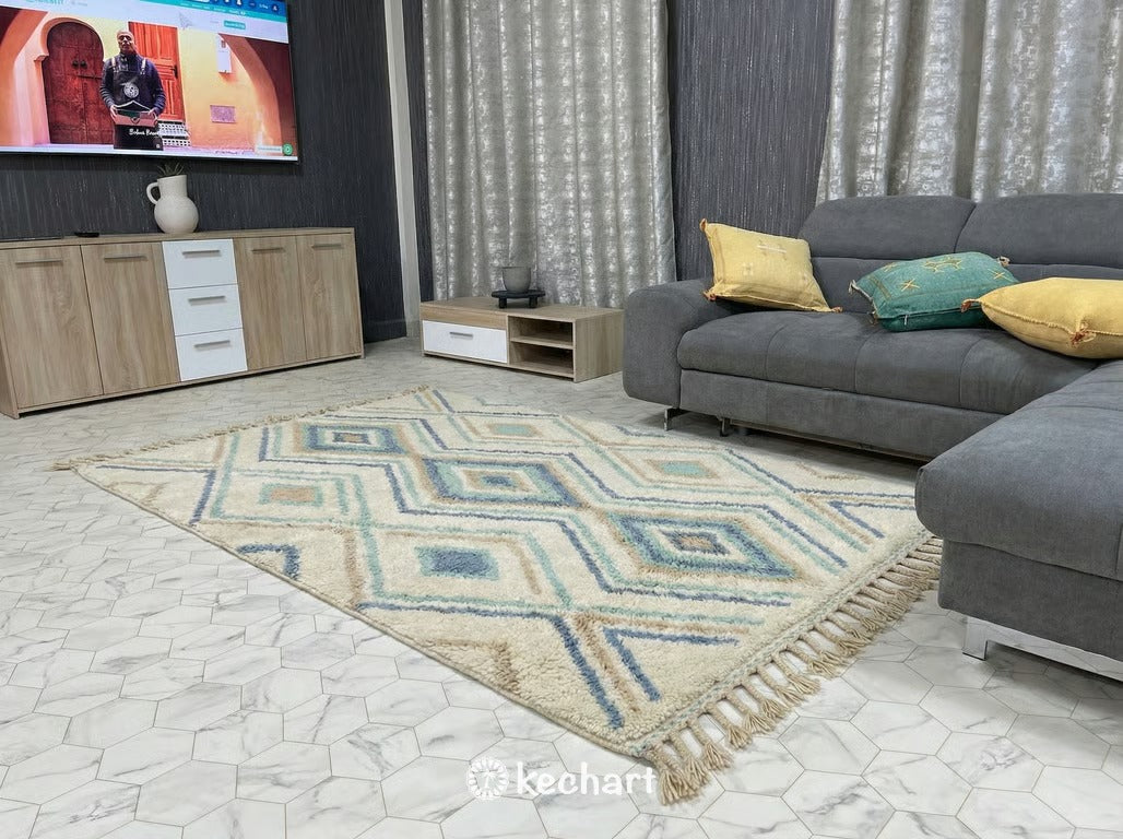 Custom Beni Ourain Rug - Made to Order Moroccan Wool in Blue & Aqua Zigzag