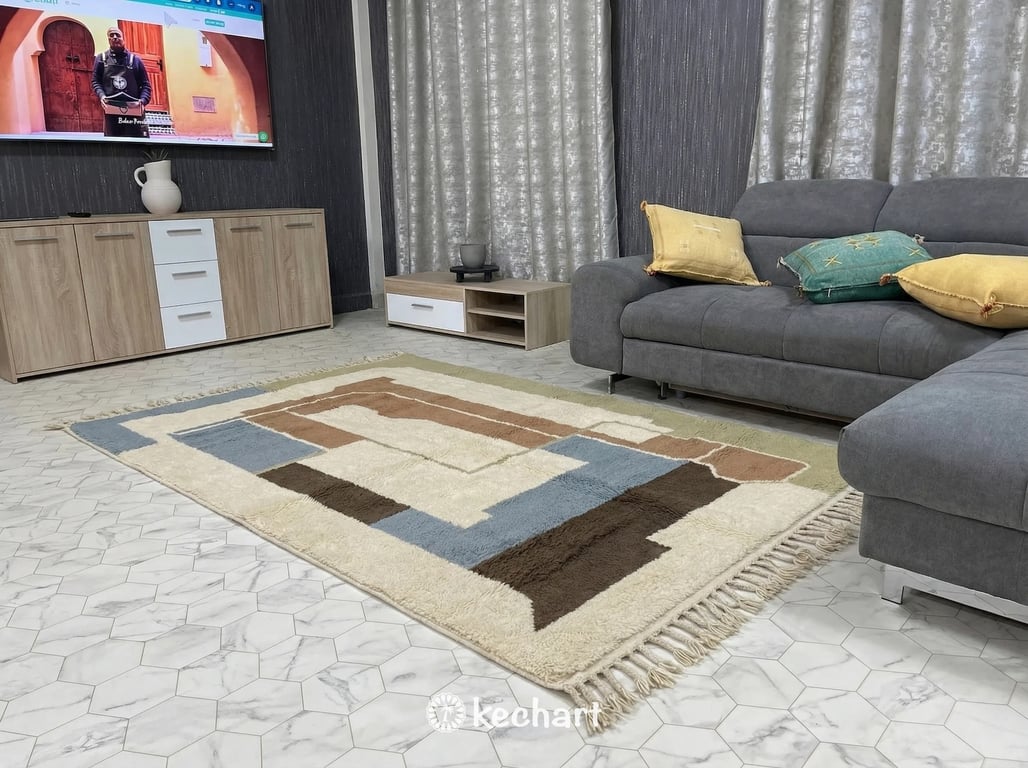 Custom Beni Ourain Moroccan Rug - Sand & Dusty Blue Geometric Wool Area Rug