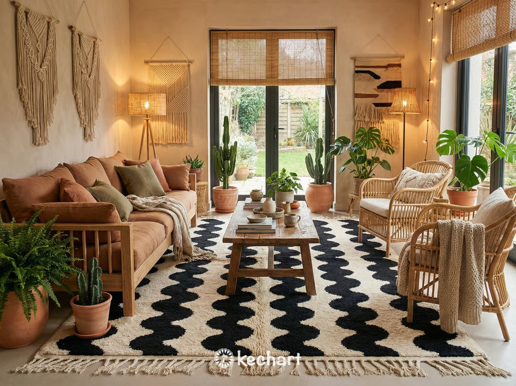 Wide perspective of a bright, Scandinavian-style open living space defined by a generously sized custom Moroccan Beni Ourain rug.