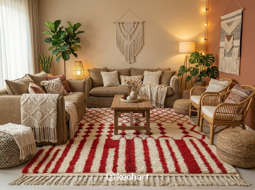 Modern bohemian living room featuring a large, custom-made red Beni Ourain area rug anchoring a neutral linen sofa and mid-century coffee table.