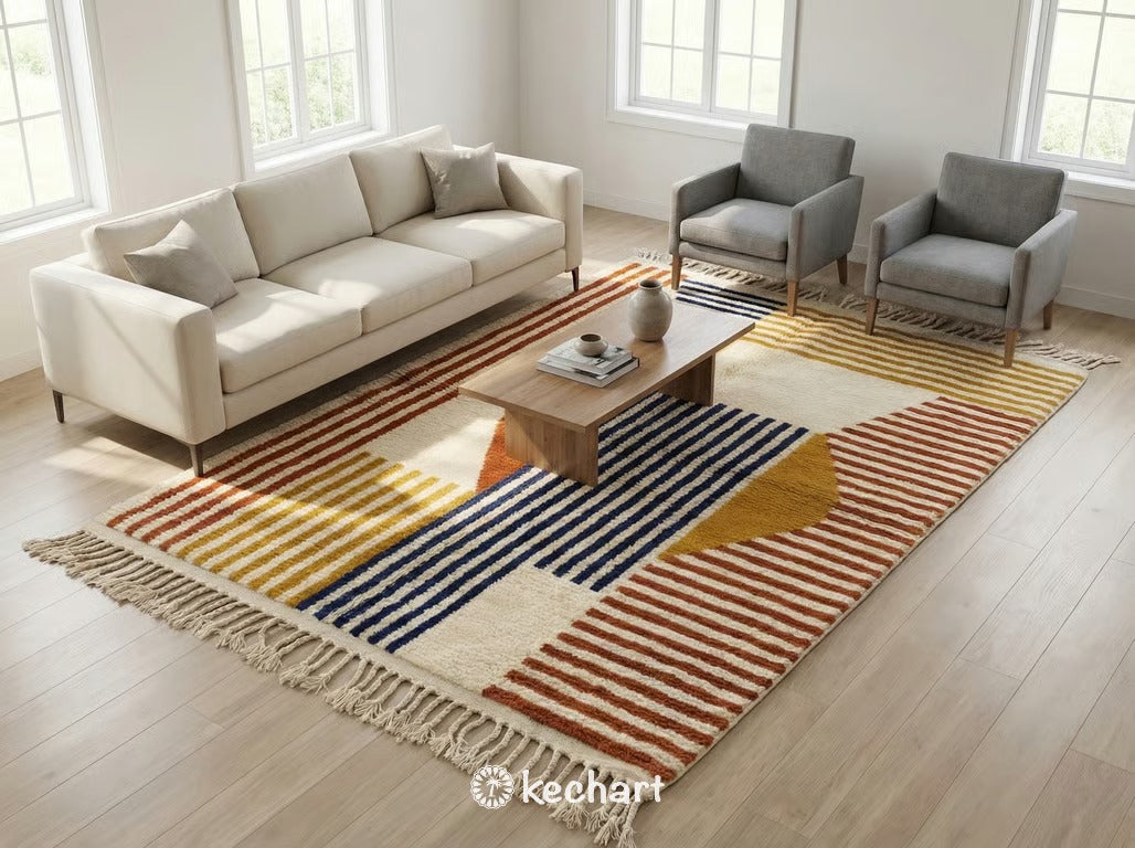 Close-up detail of the thick hand-knotted wool pile and traditional fringe of a made-to-order Beni Ourain rug, highlighting artisanal quality.