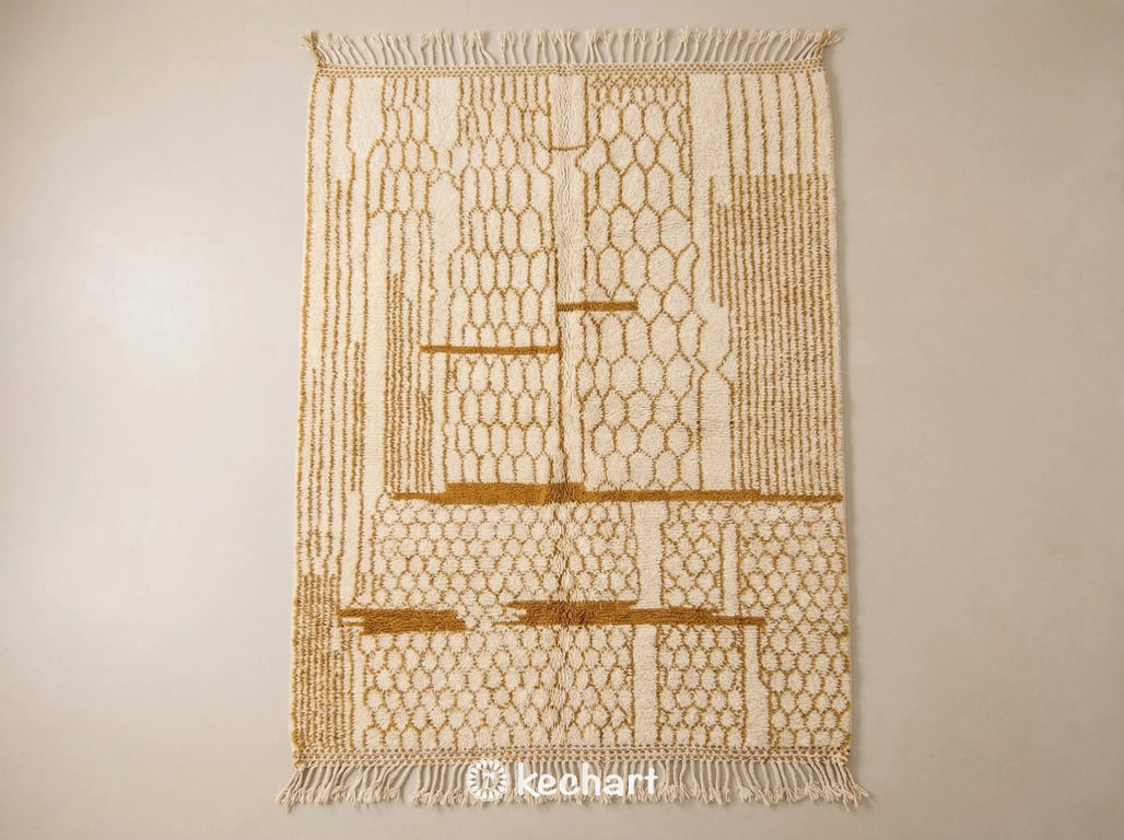 Custom made-to-order Beni Ourain Moroccan wool rug flat lay showing plush cream pile and earthy yellow geometric diamond pattern with traditional fringe