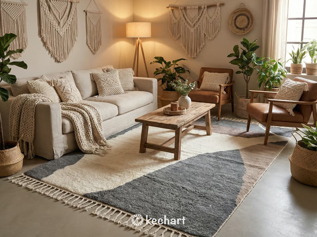 Custom size Moroccan area rug in a cozy nursery, adding warmth with its thick wool pile and sophisticated grey and sand diamond patterns.