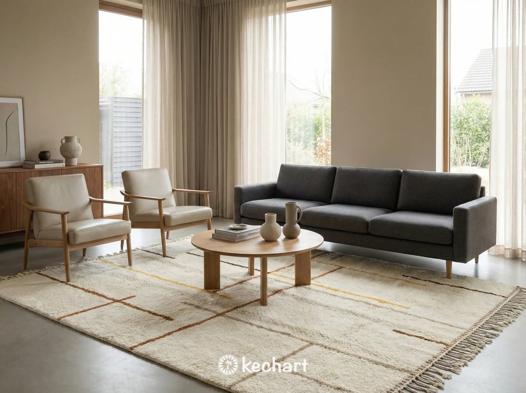 Textured wool Beni Ourain rug in sandy beige and brown tones providing contrast in a minimalist, Japandi-inspired space with neutral decor.