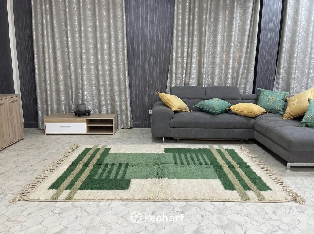Custom Beni Ourain Rug - Plush Green Geometric Diamond Wool Rug, Made to Order