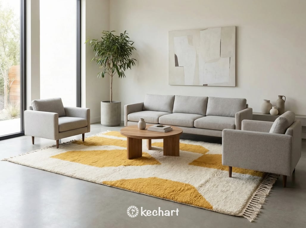 Plush shag wool rug with saffron diamond motifs placed beneath a bed in a cozy, minimalist bedroom setting, adding warmth and texture.