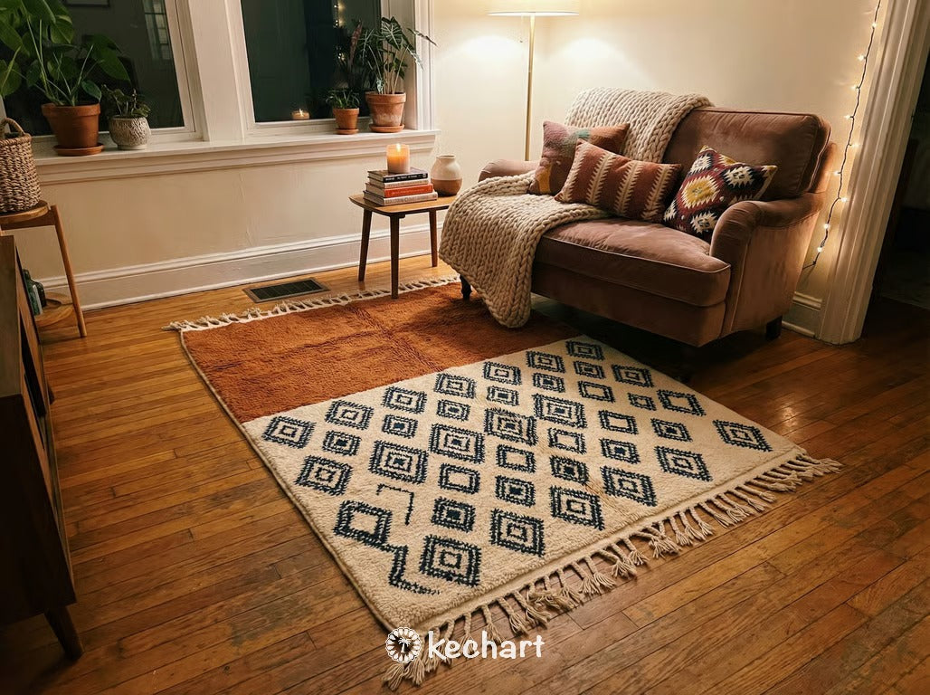 Made to Order Beni Ourain Rug - Custom Moroccan Wool, Rust & Navy Diamonds