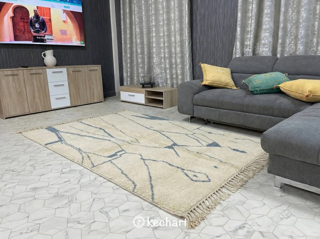 Custom Size Beni Ourain Moroccan Rug - Plush Wool with Blue Grey Diamonds