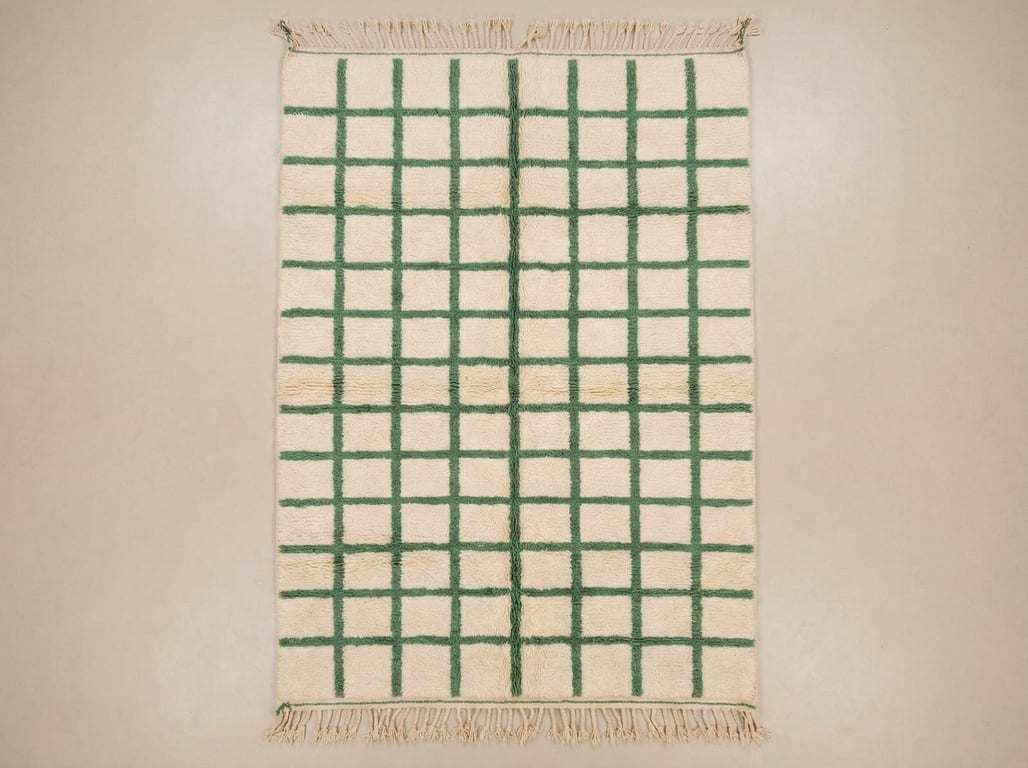 Handwoven Custom Beni Ourain Moroccan Rug in Natural Cream and Russian Green Wool with Geometric Diamond Pattern and Traditional Fringe flat lay view.
