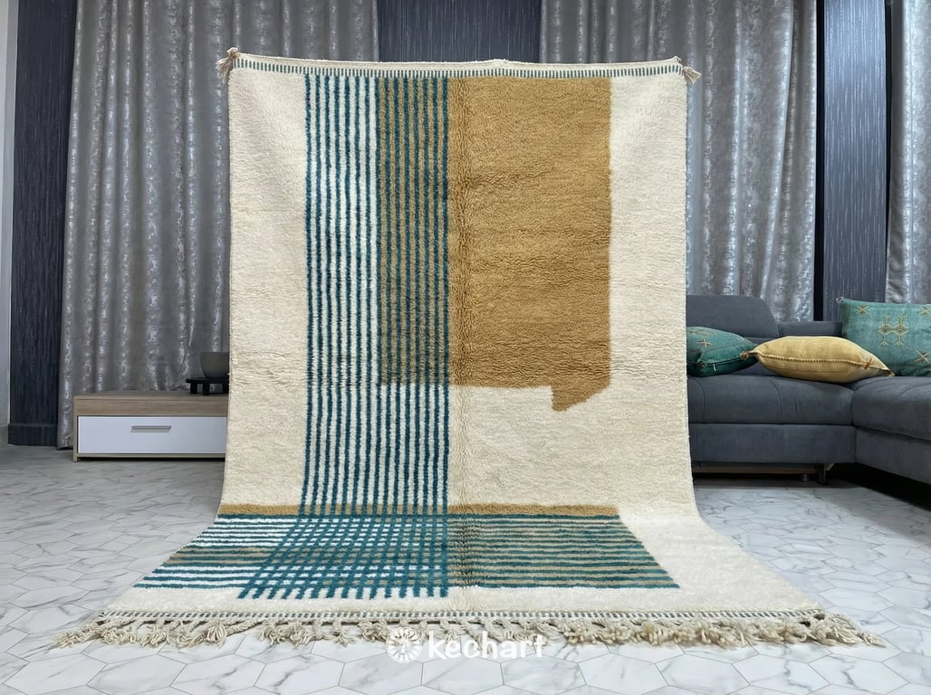 Custom Beni Ourain Rug - Made to Order Plush Moroccan Wool, Blue & Gold Diamonds