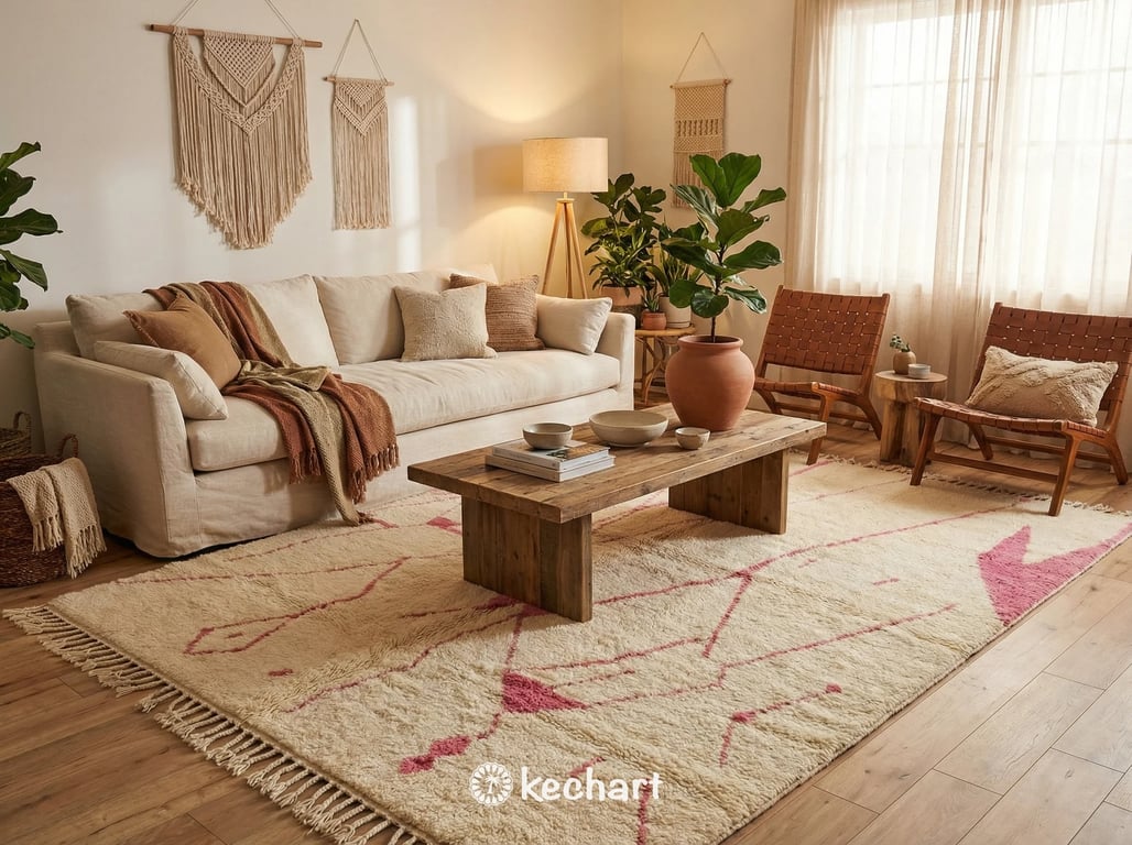 Cozy nursery setting with a handwoven cream and candy pink geometric Berber rug adding warmth and texture near a wooden crib