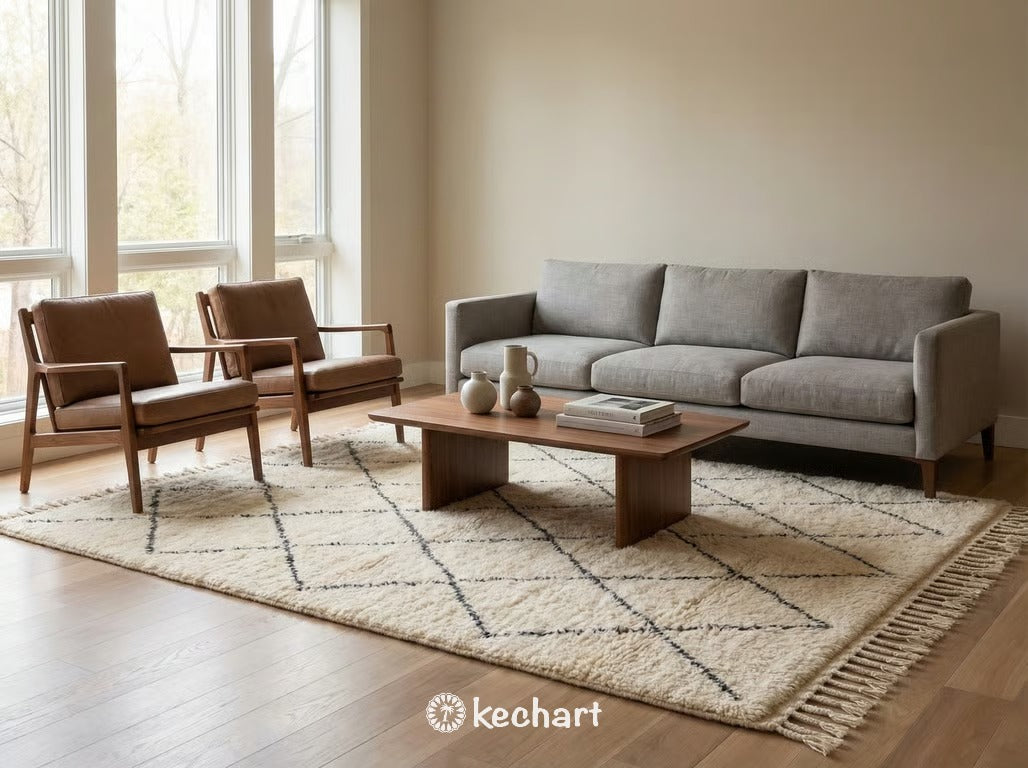 Large custom Moroccan wool area rug in a Scandinavian style dining room adding texture and warmth under a wooden table and chairs.