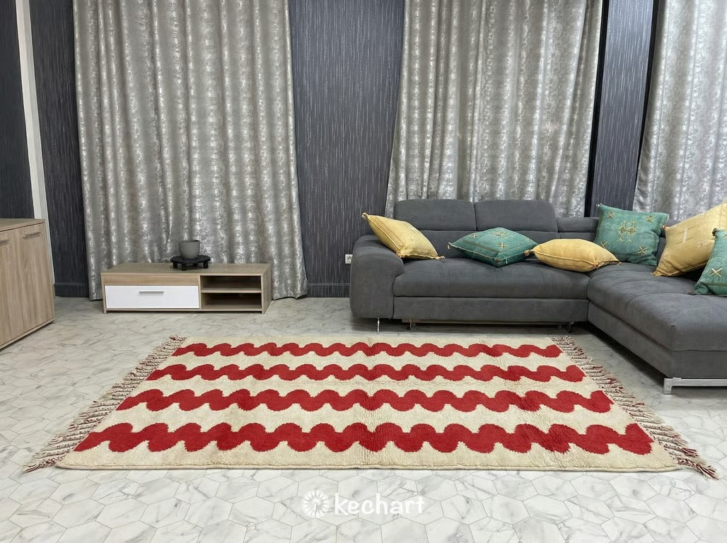 Custom Beni Ourain Rug - Cream & Red Geometric Wool - Made to Order