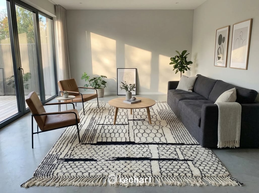 Luxurious master bedroom with a plush custom Moroccan wool rug placed beneath a king-size bed, adding warmth and organic texture to neutral decor.