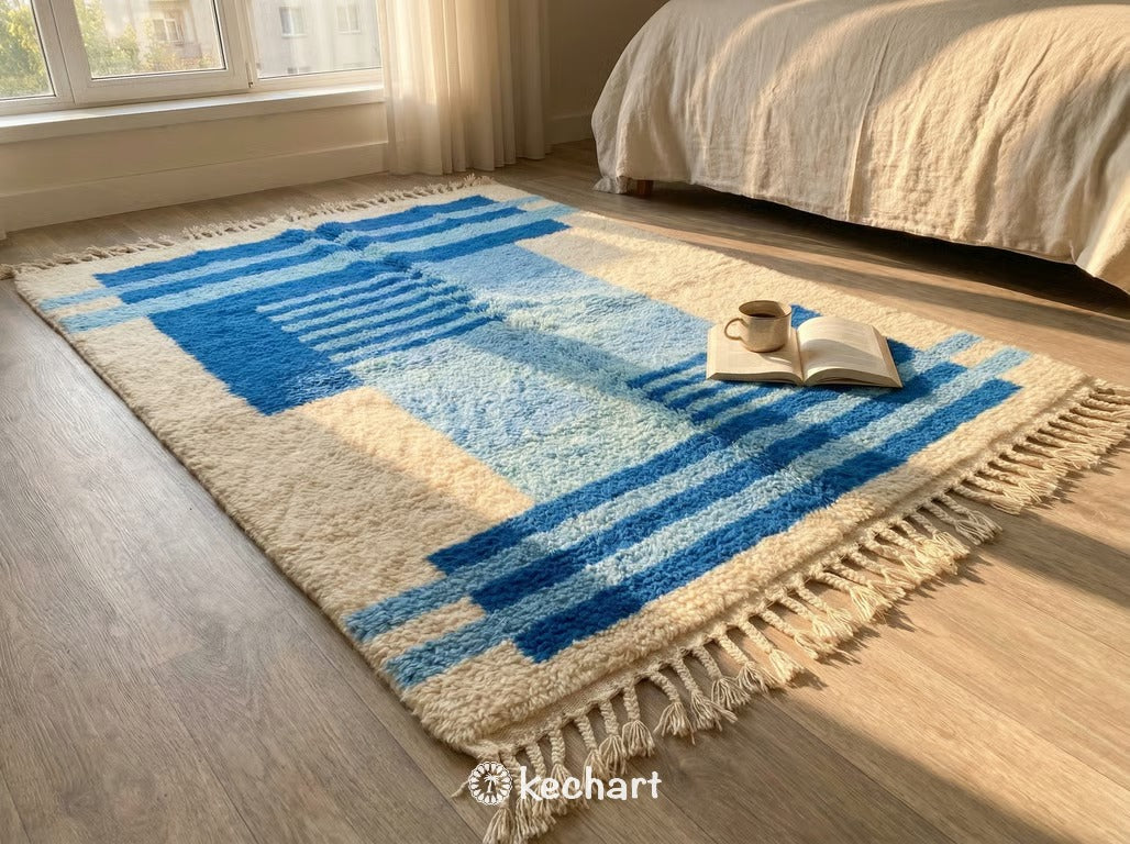 Custom Beni Ourain Rug - Handwoven Cream & Blue Wool - Made to Order