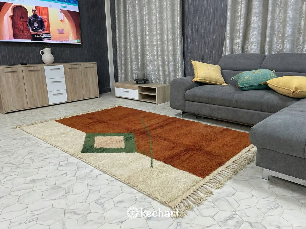 Custom Size Beni Ourain Rug - Handwoven Moroccan Wool, Rust & Beige Diamonds