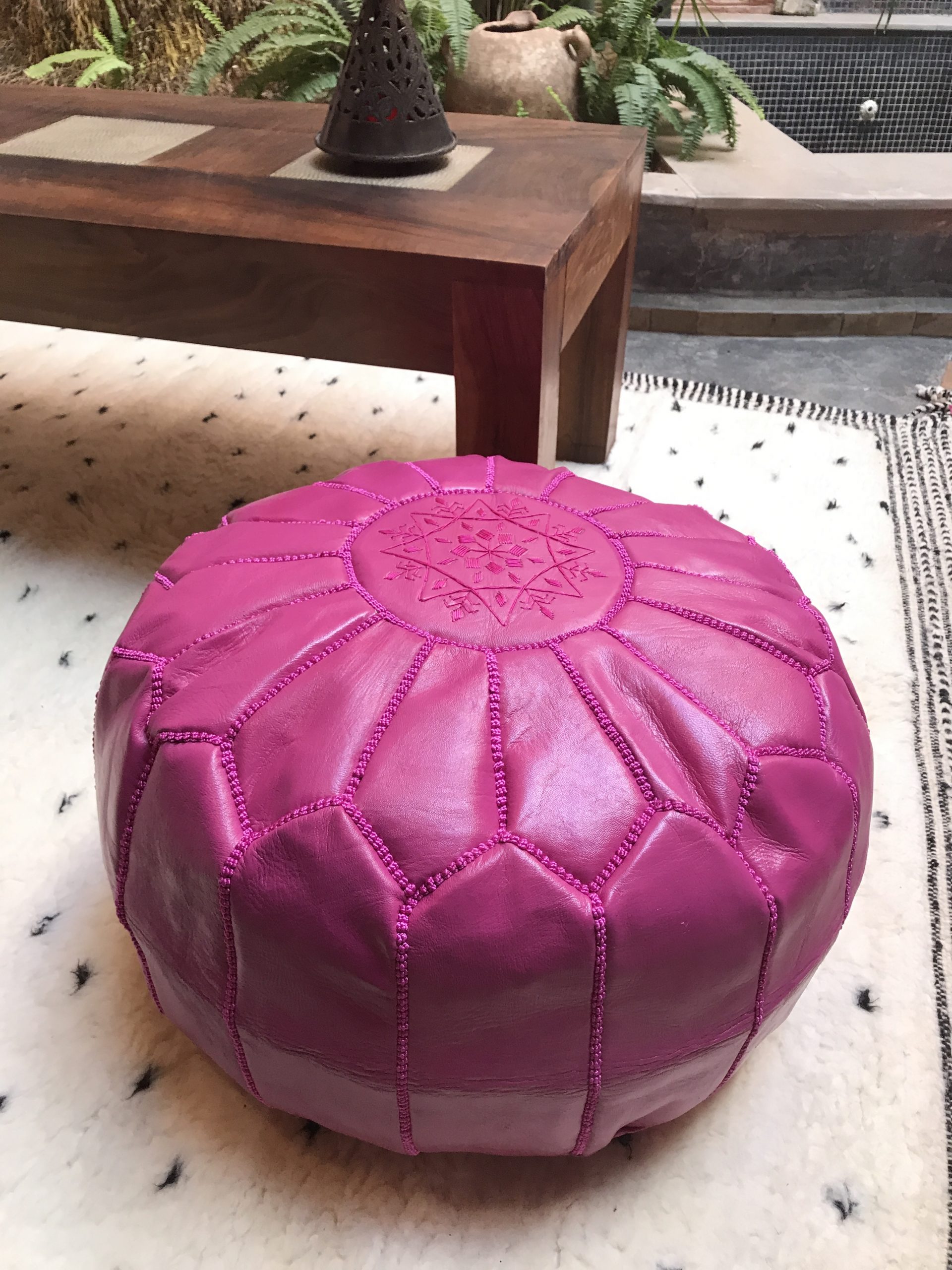 MOROCCAN CANDY PINK HAND STITCHED LEATHER POUFFE