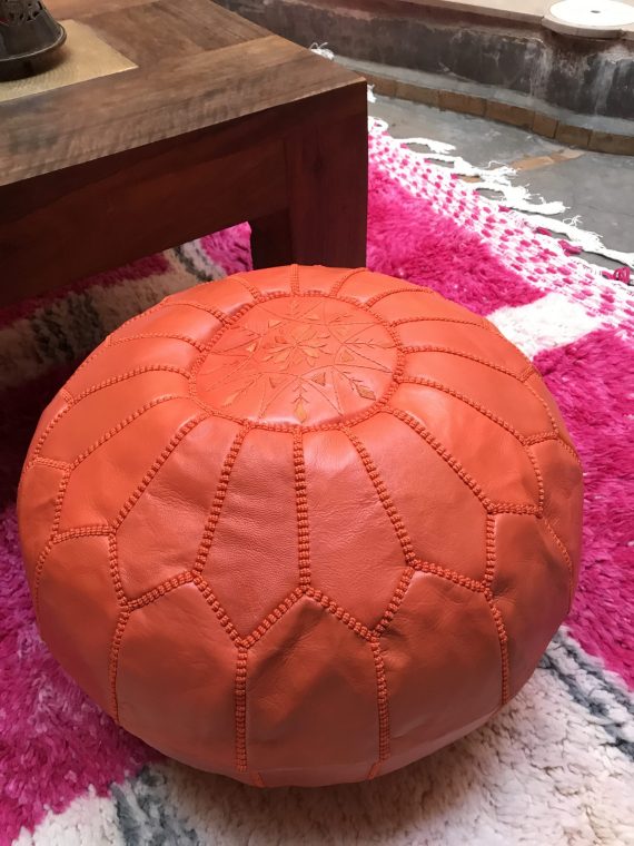 Orange Moroccan leather pouf