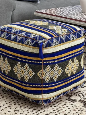 Blue Moroccan square pouf