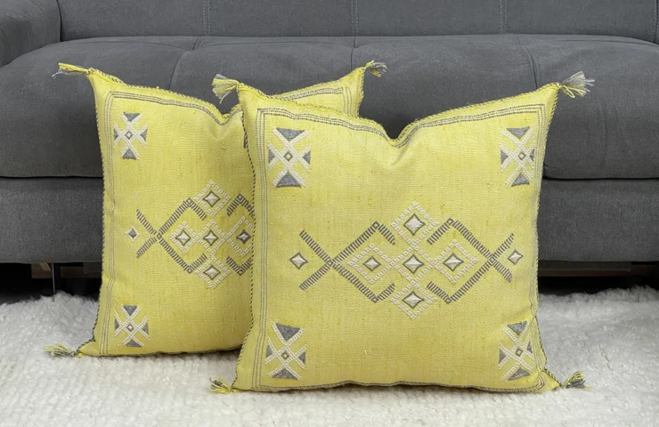 Tulip Twist: Handmade Moroccan Yellow Silk Pillow for a Radiant Home